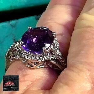 🔥 OVAL BRAZILIAN AMETHYST & PURE WHITE TOPAZ, STERLING RING SIZE 7.